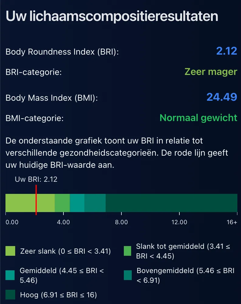 Gratis Body Roundness Index (BRI) Berekenen (Dark Mode)